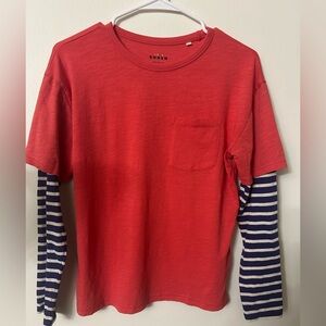 Mini Boden Red Striped Layered Sleeve Pocket Tee